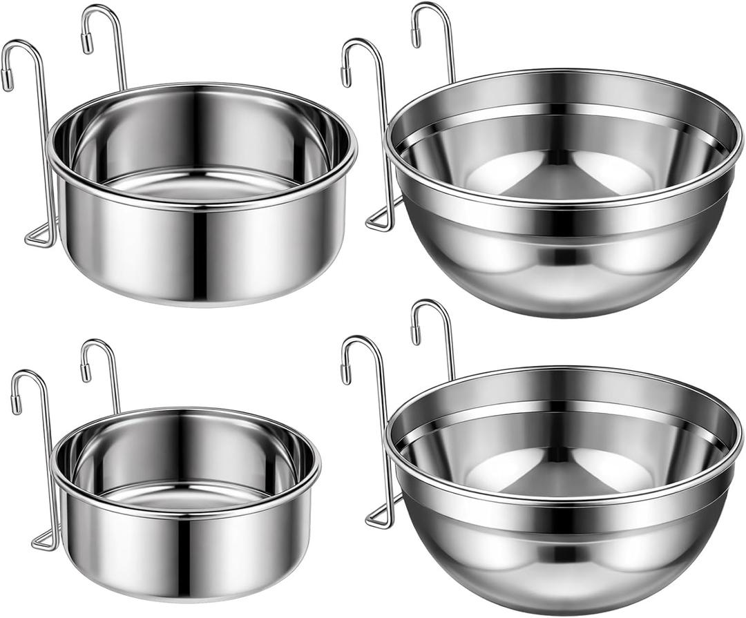 Zhehao 4 Pack Hanging Dog Water and Food Bowls for Kennel Cage, No Spill Dog Crate Water Bowl, Stainless Steel Bowls Dish for Dogs Crate Cage Accessories (35oz & 50oz & 65oz)
