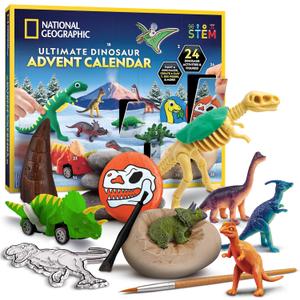 NATIONAL GEOGRAPHIC 2025 Dinosaur Advent Calendar - Christmas Countdown Calendar with 24 Dino Activities & Figures, Paint A Dinosaur Racer, Create a Clay T. Rex, Excavate a Dino Tooth Replica & More