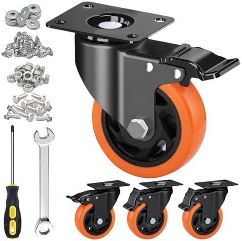 MSH&HCE 4 Inch Caster Wheels, Heavy Duty Break Casters Set of 4 Locking Casters Swivel Polyurethane(PU) Industrial Wheels, Quiet Caster Wheel for Cart Furniture and Workbench (Two Hardware Included)