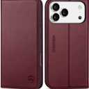 SHIELDON Wallet Case for iPhone 17 Pro Max 6.9" 2025 | Genuine Leather, RFID Blocking Credit Card Holder, Flip Design, Kickstand, Magnetic, Soft TPU Shock-Absorbent Cover - Red