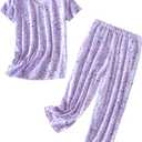 Inadays Womens Cotton Pajama Sets Short Sleeve Top With Capri Pants 2 piece sets for Women Summer Pajamas Lounge Set (Purple, XL)
