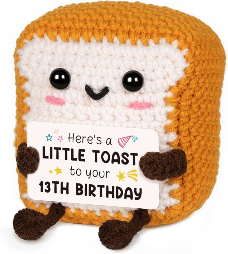 13th Birthday Gifts for Girls Boys, Cute Handmade Crochet Toast Decorations with 13th Bday Card, Unique Birthday Gifts for Teens 13, Gift for Son Daughter Grandchildren from Aunt Uncle