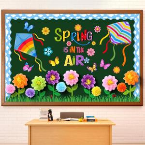 Blosssound 86 Pcs Spring is in The Air Bulletin Board Set Spring Flower Kite Cutouts with 3D Tissue Paper Pompoms Colorful Floral Butterfly Classroom Decorations for School Home Decor Supplies