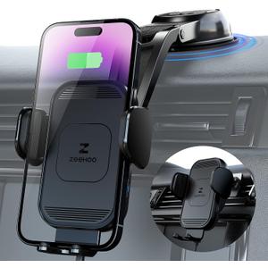 ZeeHoo Wireless Car Charger, 15w Fast Charging, Auto Clamping Car Phone Mount, Cell Phone Holder Charger, for iphone17 16 15 14 13 12 11 Pro Max Xs, Etc. (Black)
