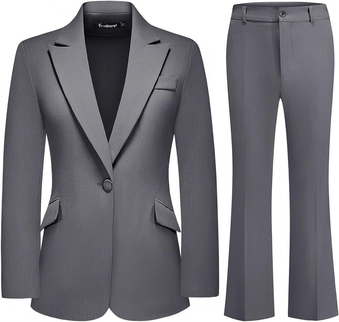 Women's Suit 2 Piece Set Pinstripe Blazer and Bootcut Dressy Pants Set for Work Office Business Outfits, 2XL