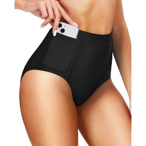 Tempt Me Women's High Waisted Bikini Bottom Full Coverage Tummy Control Swimsuit Bottom with Pockets M