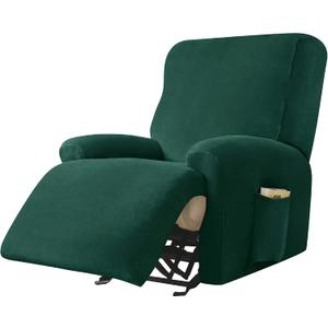 Stretch Recliner Chair Covers, 4-Piece Ultra Soft Velvet Recliner Slipcovers Single Seat Couch Cover Furniture Protector with Pocket (Green)