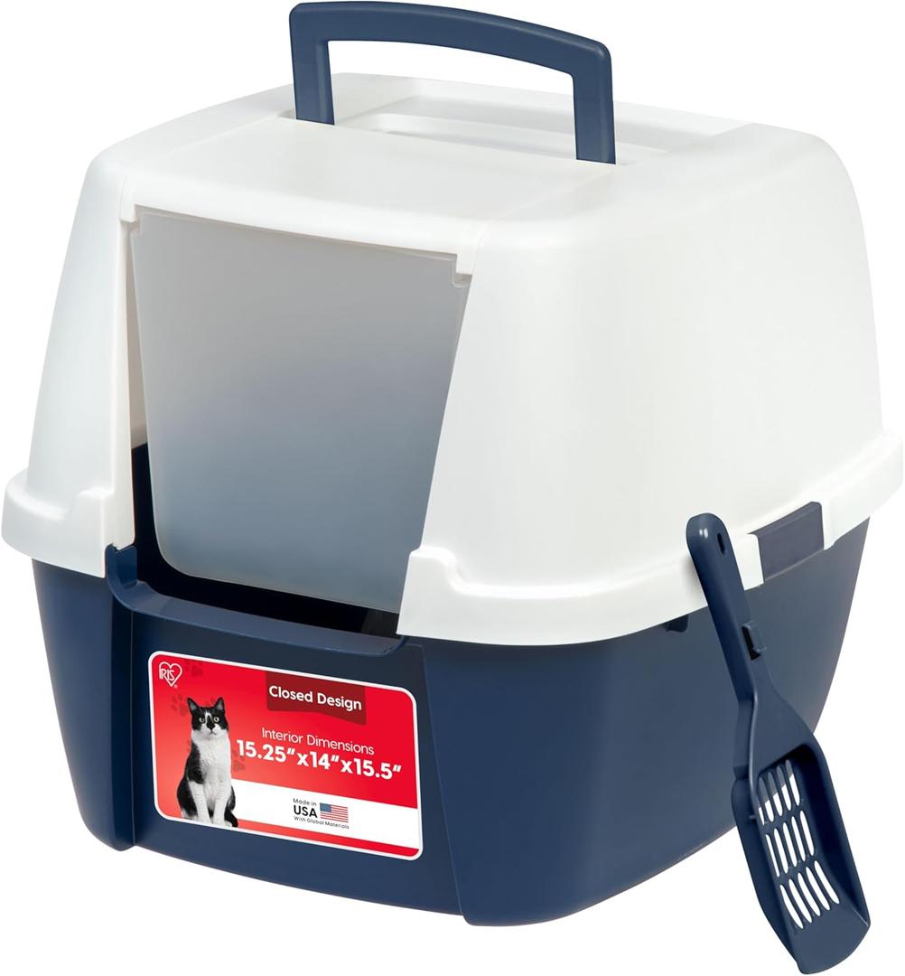 IRIS USA Cat Litter Box, Large Enclosure with Front Door Flap and Scoop, Covered Box with Handle and Buckles for Portability and Privacy, Navy/White