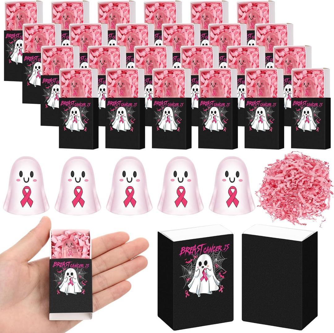 25 Sets Breast Cancer Awareness Gifts Bulk Breast Cancer Is Boo Pink Ribbon Resin Halloween Ghost Gift Box for Charity Women Survivor Public School Events Gift Supplies