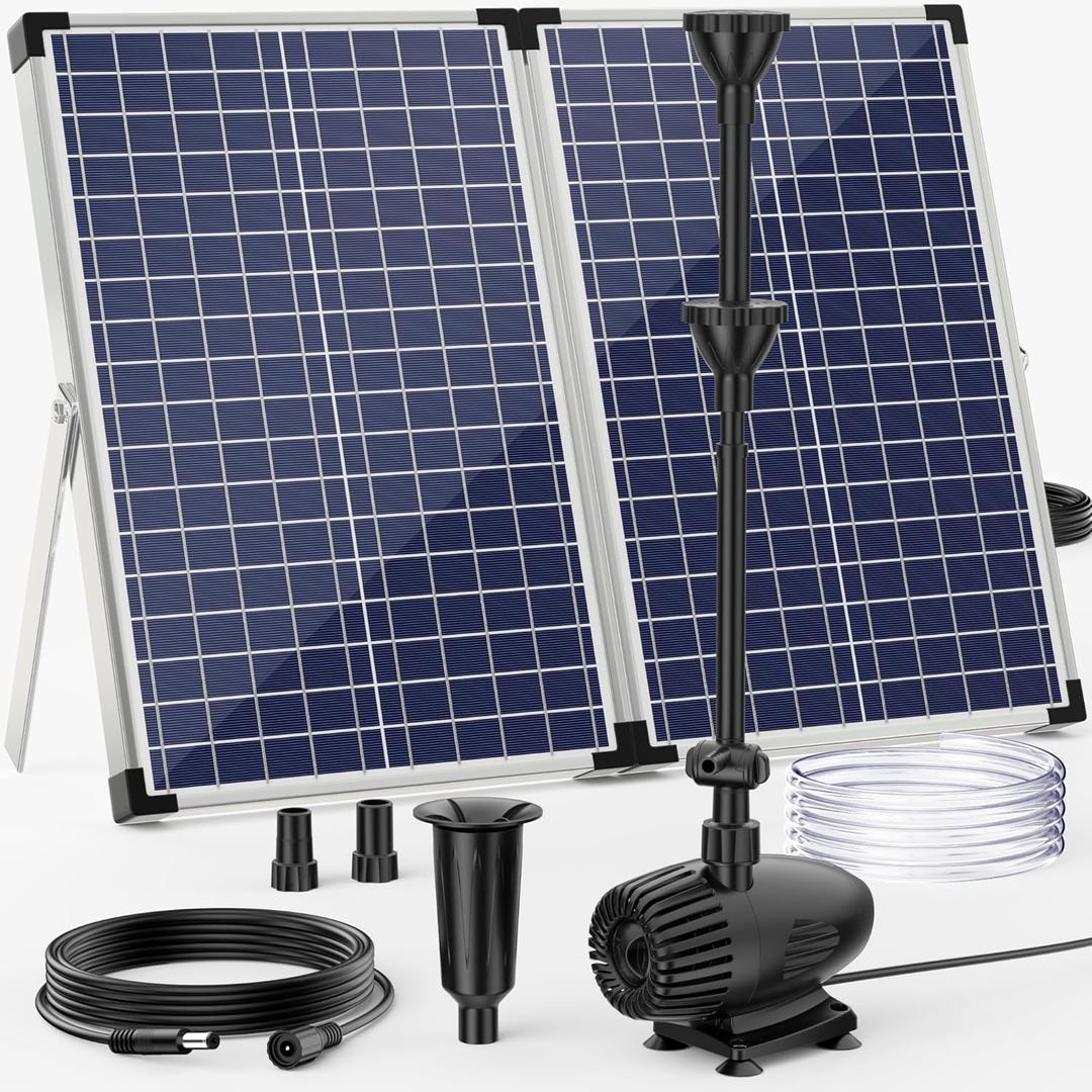 POPOSOAP 70W Solar Pond Pump,Solar Fountain Pump 580GPH Adjustable Flow, Outdoor Solar Water Pump with 17Ft+10Ft Cord & 6.6Ft PVC Tubing for Ponds, Fountain Waterfall & Backyard Decor