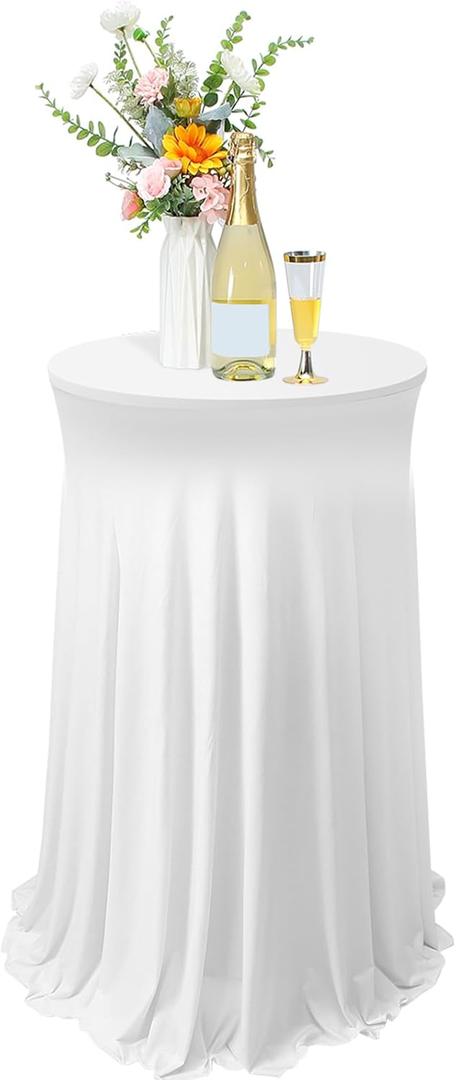 Tegeme 1 Pack 32 x 43 Inch Round Spandex Cocktail Tablecloths with Skirt Cocktail Round Table Cover Spandex Stretch Tablecloth for Fitted High Top Table Bar Wedding Party Banquet (White)