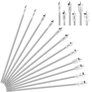 Treela 12 Pcs 16" Extra Long Spade Drill Bit Set for Wood, Paddle Flat Drill Bit Including 3/8, 1/2, 5/8, 3/4, 7/8, 1 Inch Sizes Carbon Steel 1/4-inch Hex Shank for Hardwood Softwood Plywood