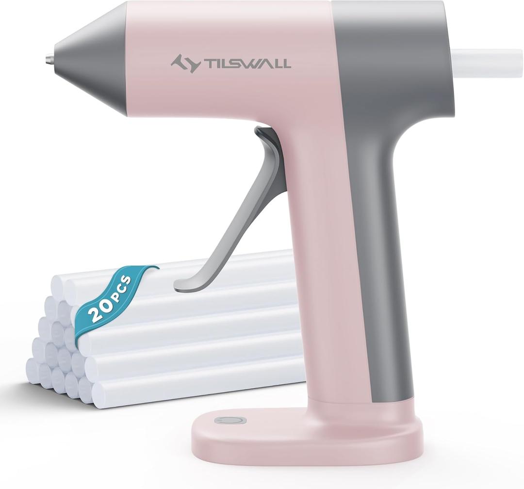 Tilswall Cordless Hot Glue Gun, 30s Fast Preheating with 2Ah Built-in Battery, Hot Melt Glue Gun with 20pcs Premius Glue Sticks, Smart Power-Off, USB-C Inputs Suitable for DIY Craft, Home Repaire, Pink