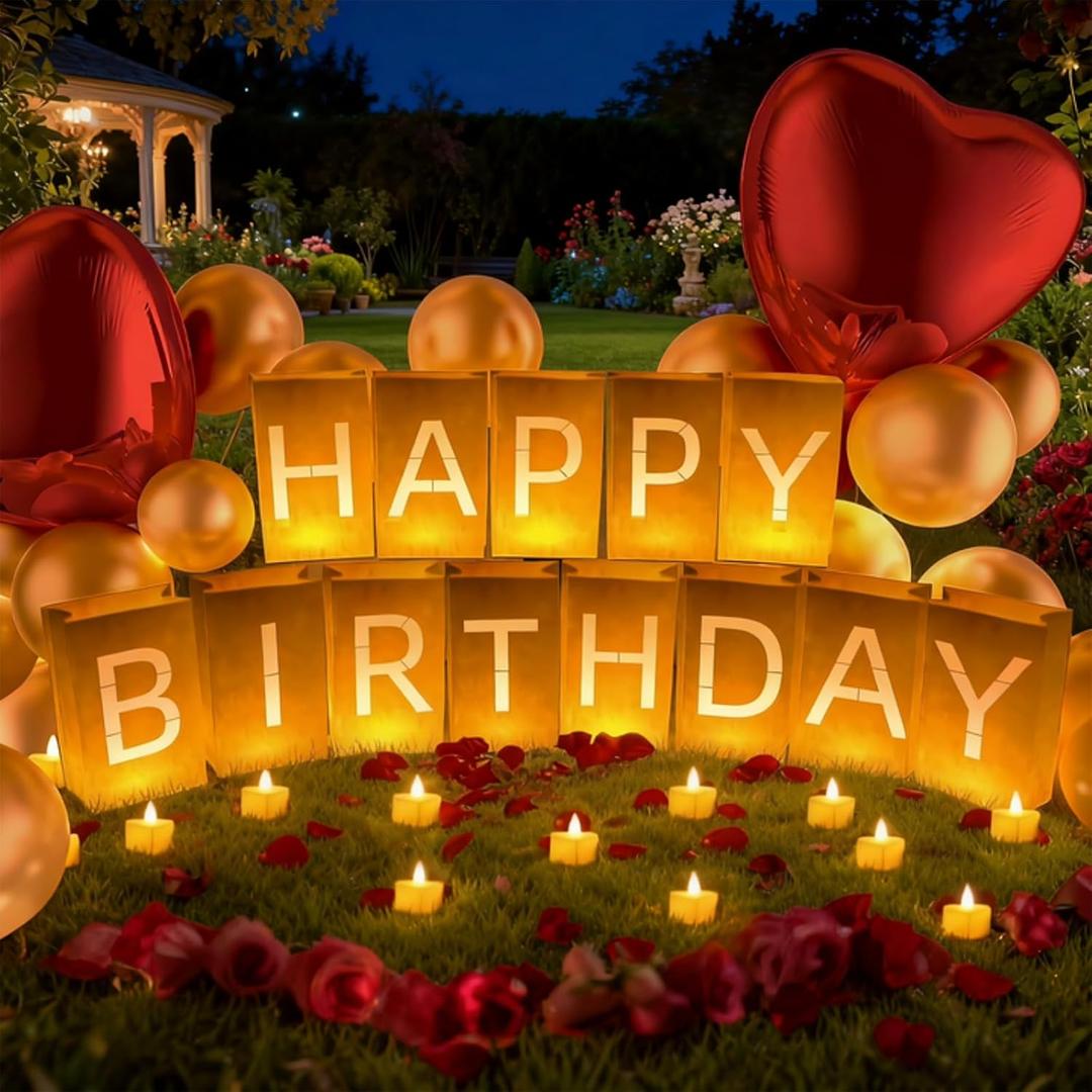 Happy Birthday Decoration for Men Women, Valentine’s Day Light Up Letters Luminary Bags with 30 Bright LED Candles, 2000 Rose Petals, 10 Red Balloons, Surprise Birthday Party Banner Signs