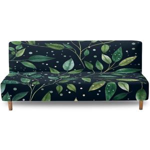 Armless Sofa Couch Cushion Cover Full Protector Slipcover with Elastic Bands Furniture Protector Stretch Fabric Futon Covers Green Leaf Print