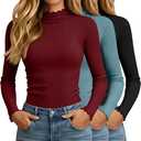 Oakgarden 3 Pack Women's Turtleneck Cotton Shirts, Long Sleeve Ribbed Lettuce Trim Mock Neck Slim Fit Tops Soft Base Layer, M