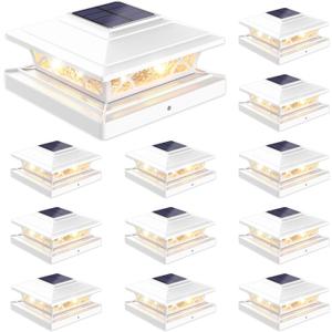 JOFIOS Solar Post Cap Lights Outdoor 12 Pack, White Deck Fence Post Lights Solar Powered with 16 LEDs 2 Lighting Modes, 4x4/5x5/6x6 Waterproof for Garden Patio Porch Backyard