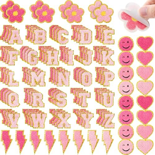 Hanaive 136 Pcs Chenille Letter Patches Self Adhesive Stickers for DIY Cute Smile Face Heart Rainbow Patches for Clothing Backpacks Bags Jackets Hat Decoration(Cute Style,Pink Color)