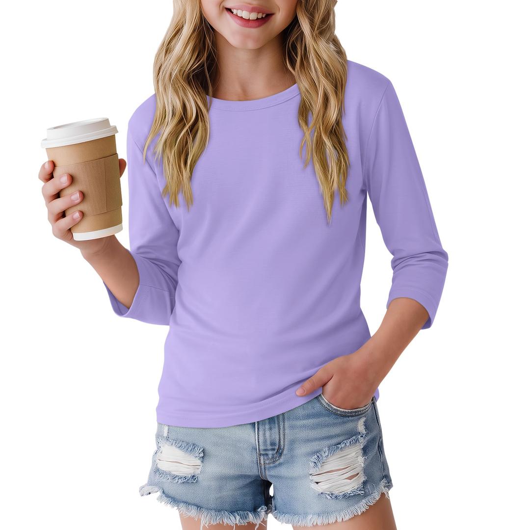LessonZoo Girls 3/4 Sleeve Crewneck T Shirt, Light Purple, 9-10y (Purple)
