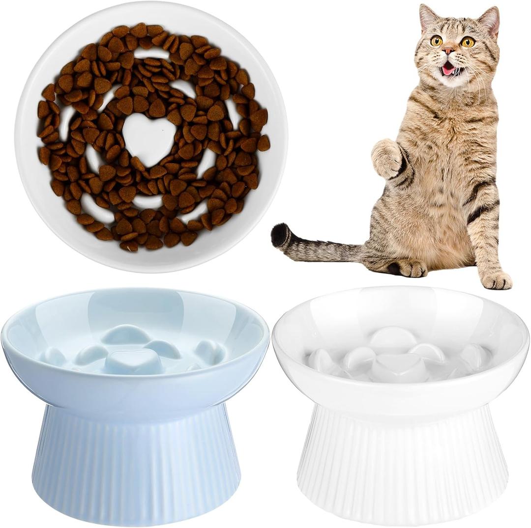 Tioncy 2 Pcs Raised Cat Slow Feeder Bowl Ceramic Elevated Cat Dog Food Bowl No Spill High Edge for Dry Wet Food and Water Easy to Clean, Dishwasher Safe (White, Blue)