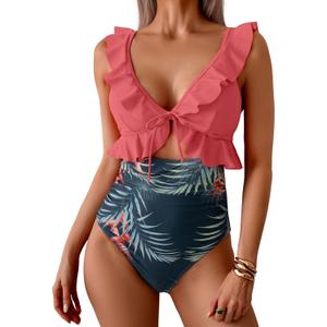 Eomenie One Piece Swimsuit for Women Tummy Control Ruffle Bathing Suit V Neck Ruched Swim Suit Slimming Cutout Swimwear (Medium, Pink Print)