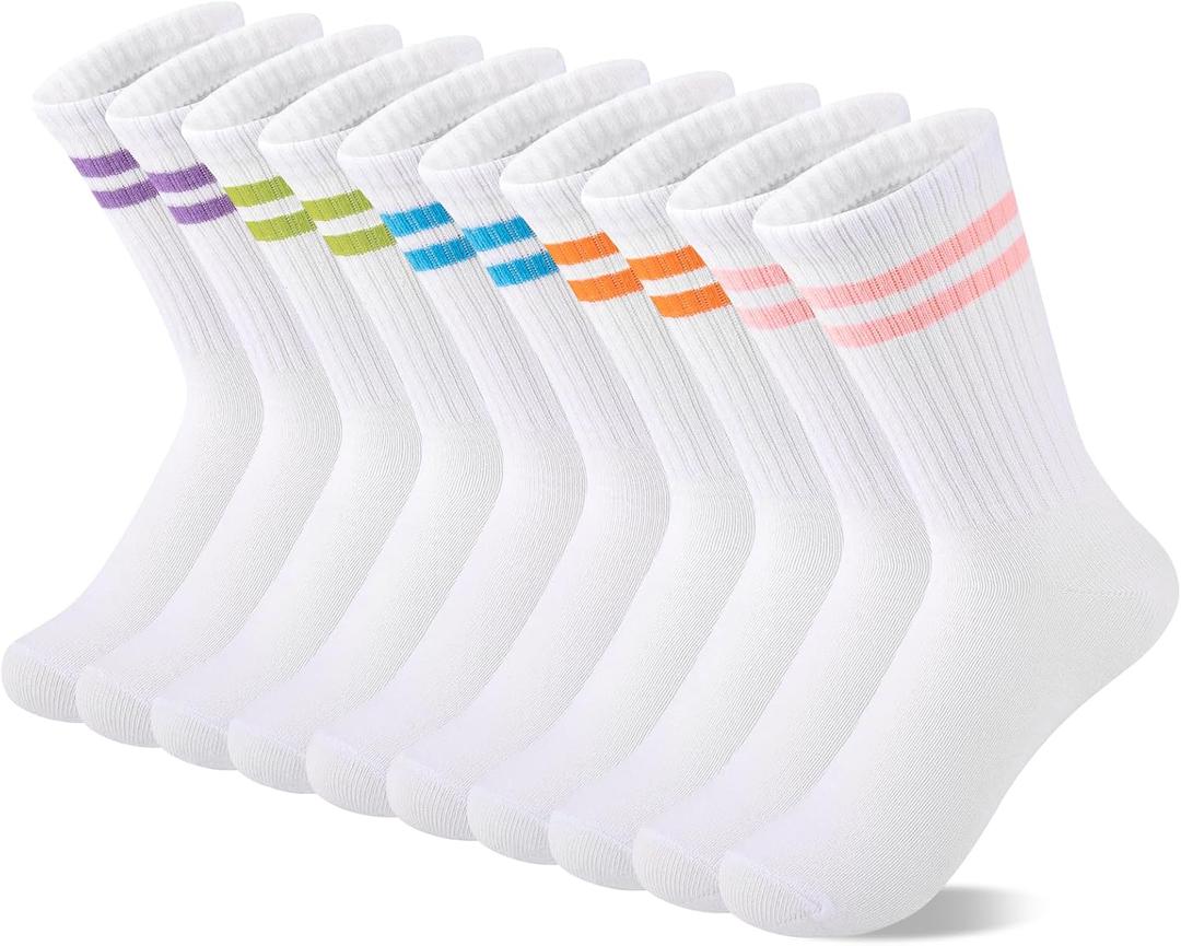 Comfoex 10 Pairs Girls Crew Cotton Socks Athletic Calf Striped Soft Casual Socks For Kids 10 Pairs, 10-12 Years