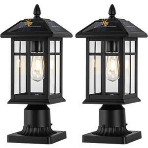 Brilvibera Solar Post Lights 2 Packs, Waterproof Post Lantern with Pier Mount Base, Aluminum Post Lamp Warm White Bulb Included for Yard Garden Pillar Pole Pathway
