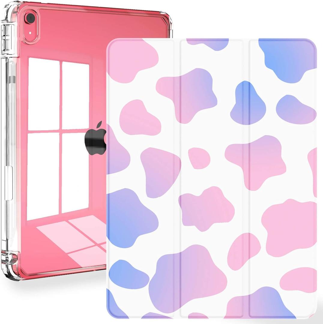 Feams for iPad (A16) 11th Generation 11 Inch 2025, iPad 10th Generation Case 10.9 Inch 2022, Slim iPad A16 Case Clear Back Cover with Pencil Holder & Auto Sleep, Pink Cow Print