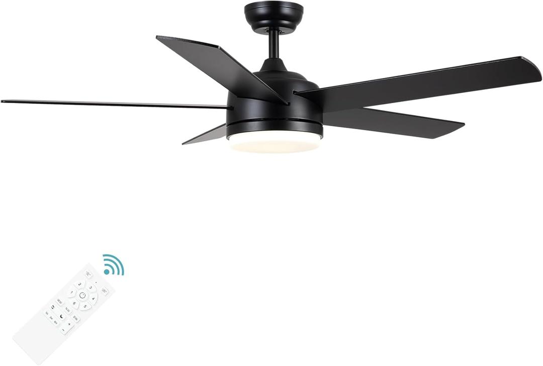 YUHAO 52 Inch Black Ceiling Fan with Light and Remote Control.Noiseless,Dimmable,3CCT,6 Speeds Reversible, DC Ceiling Fans for Indoor or Covered Outdoor
