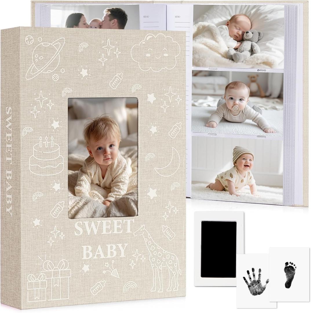 Baby Photo Album 4x6 300 Pockets with Memo Area & Hand and Footprint Kit, Linen Cover Slip-in Memory Book with Front Window, Acid-Free Keepsake for Newborn Boy Girl, First Year Moments (Beige)