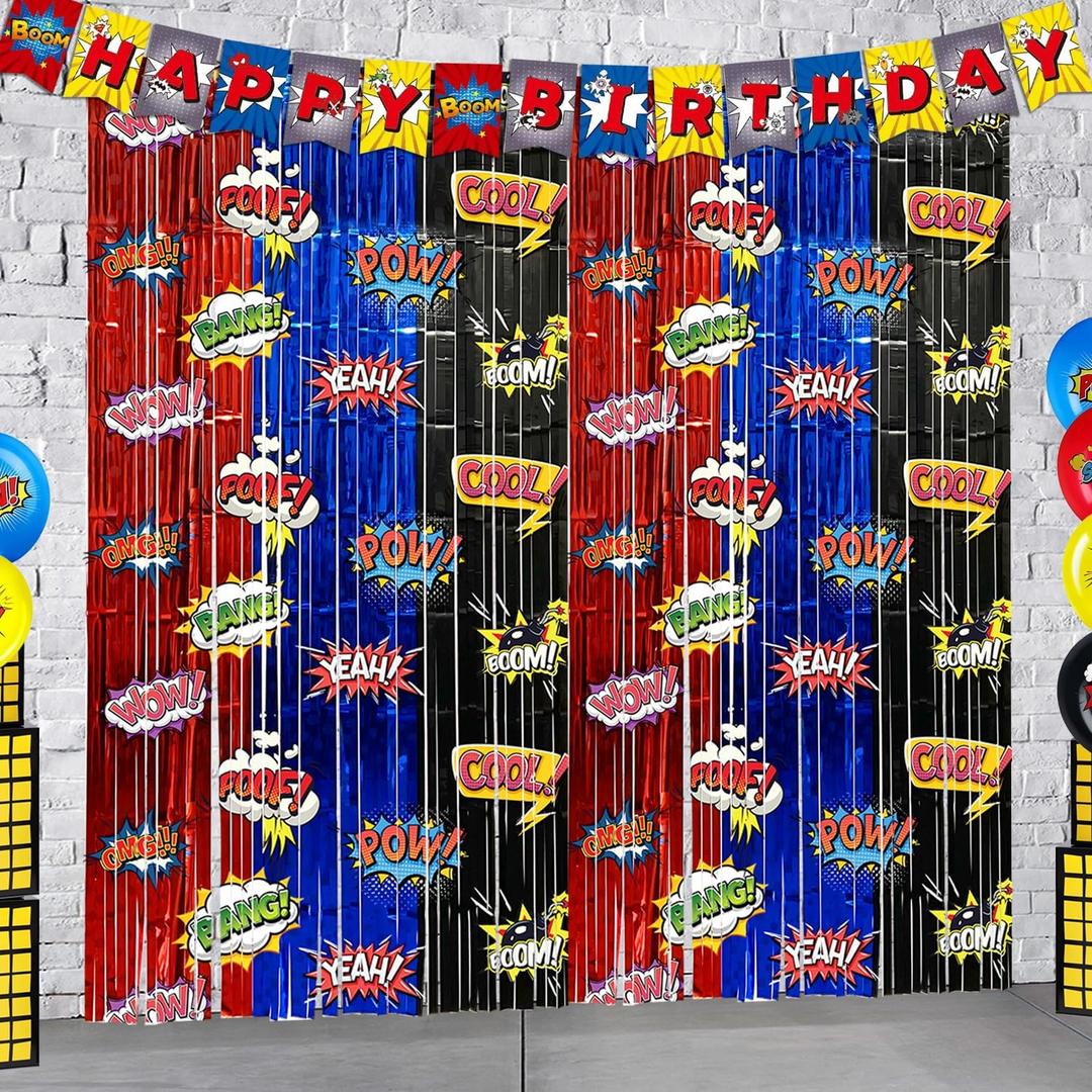 Hero Birthday Party Backdrops Decorations, 2 Pcs Red Blue Black Tinsel Foil Fringe Curtain Streamers Photo Booth Background for Hero Themed Party Decorations Supplies