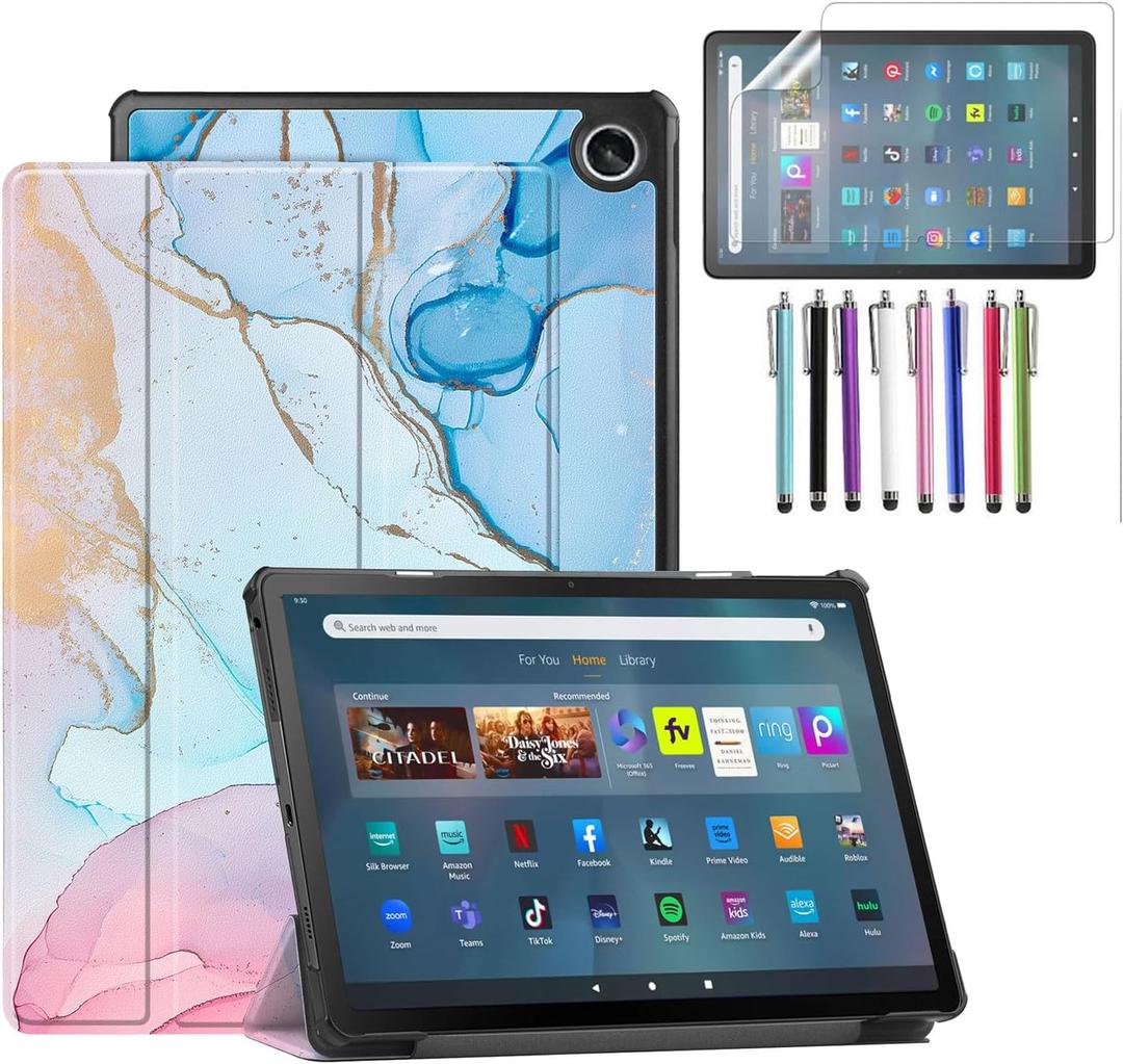 Tri Fold Case for Amazon Fire Max 11 (13th Generation, 2023 Released), Trifold Lightweight Stand Auto Wake/Sleep Folio Cover Case + 1 Stylus and 1 Screen Protector (Marble Blue)