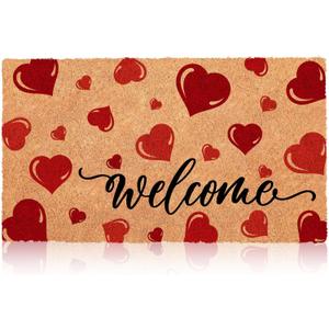Blosssound Valentine's Day Natural Coir Doormat 17x29 Inch Love Heart Rugs Welcome Nature Coir Kitchen Mats Non Slip Entrance Floor Rugs for Indoor and Outdoor Holiday Decor Supplies