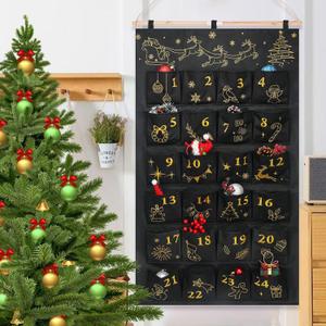 HOWAF Fabric Christmas Advent Calendar 2025 with Pockets (Countdown to Christmas), 24 Days Mystery Christmas Countdown Calendar for Xmas Holiday Home Wall Decoration, Black Gold