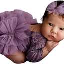 Newborn Photography Outfits Girl, Baby Girl Photoshoot Props, Lace Romper with Headband for 0-3 Months Newborn (Purple)