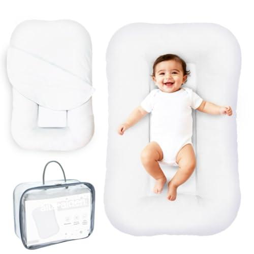 Aila + Aiden Baby Lounger | Organic Cotton Infant Lounger | Adjustable & Portable Floor Lounger |Supervised Use | Soft, Breathable, Washable Cover - Snuggle Collection - (White)