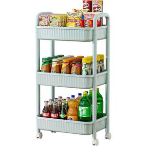 JOYZAN 3 Tier Rolling Carts with Wheels, Utility Cart with Handle and Locking Caster, Storage Cart for Kitchen, Office, Bedroom, Suitable for Diaper, Art Tools, Snack, Craft Storage Cabinet, Blue