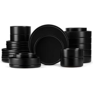 Herogo Dinnerware Sets with Pasta Bowls for 6, 24 Piece Dinner Salad Plates and Cereal Serving Bowls, Stoneware Dishes Dinner Ware for Home Kitchen, Dishwasher & Microwave Safe, Matte Black