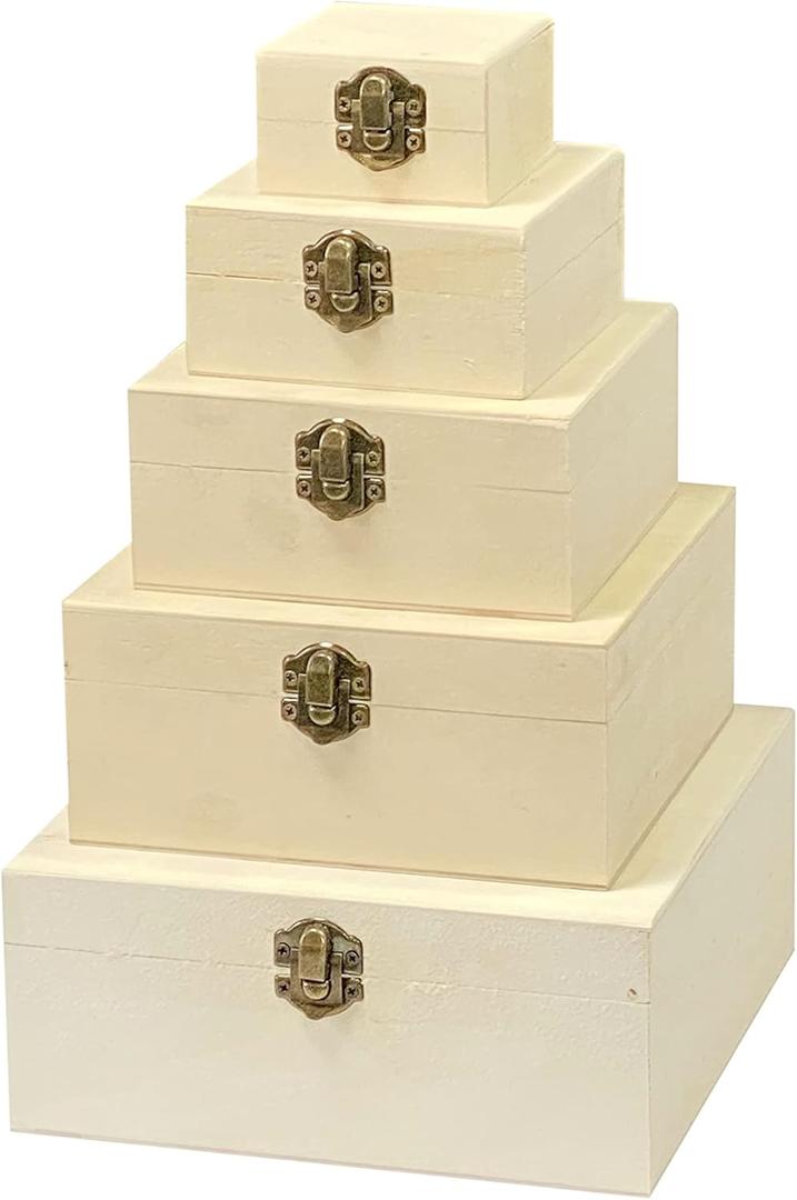 Unfinished Wood Square Box Set of 5 Unpainted Wooden Nesting Box set for Crafts Painting Burning