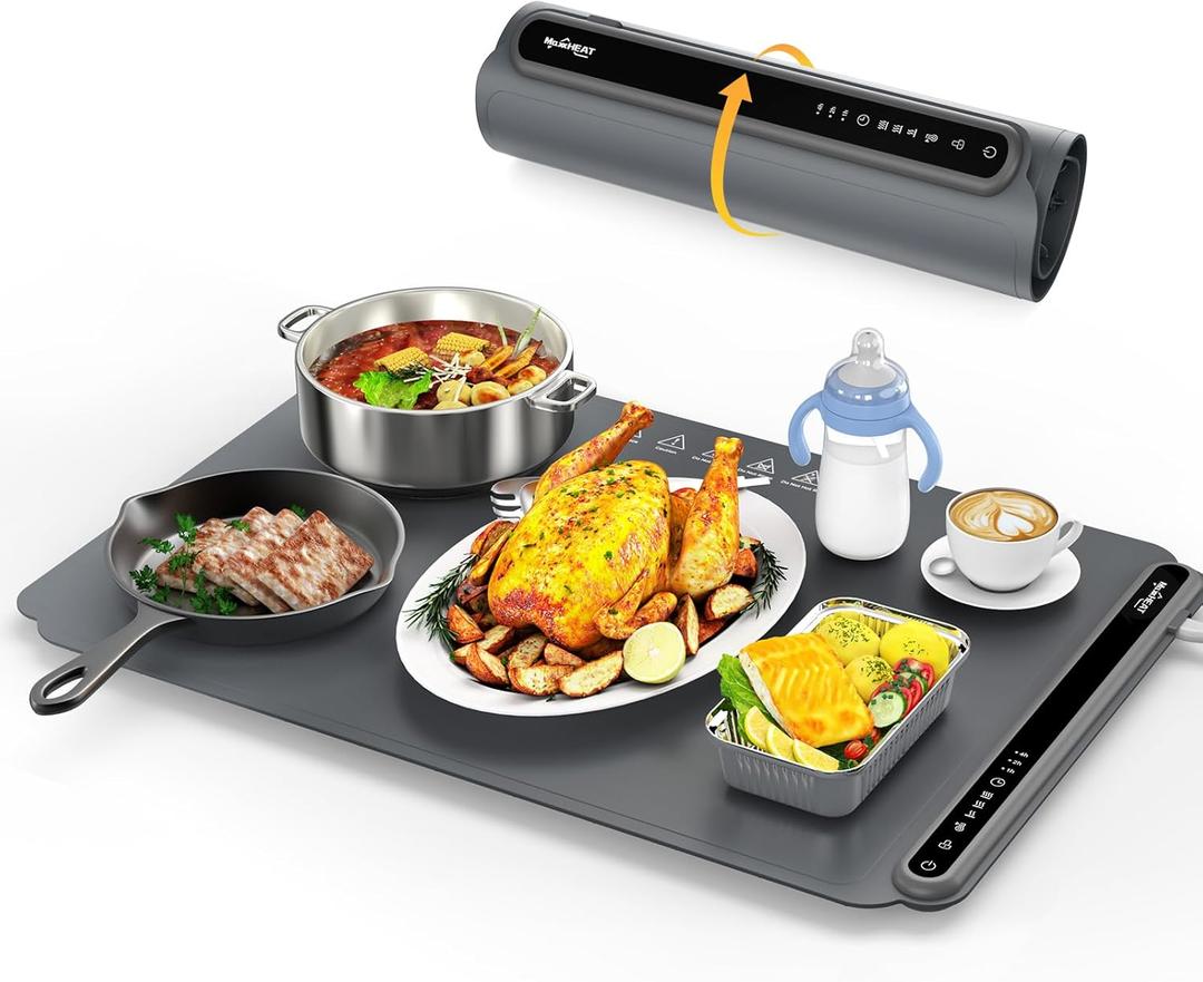 Food Warming Mat, Fast Heating Warming Mat for Food, Portable Electric Warming Tray for Parties Buffet with 4 Hours Timer Setting, Roll Up Food Warmer Mat, 24.5"D x 16.5"W, Gray