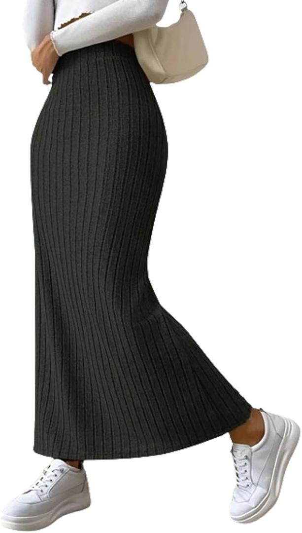 Women Slit Knit Stretchy Striped Maxi Skirts Slim Pencil High Waisted Casual Work Office Long Skirts (Large, Black)