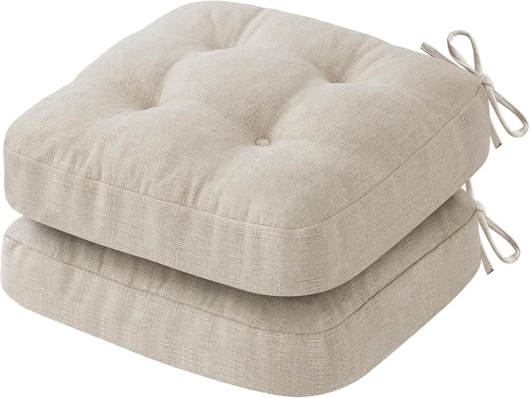 Chair Cushions for Dining Chairs, Dining Chair Cushions, Tufted Indoor Chair Pads with Ties & Non Slip Backing, Seat Cushions for Kitchen Chairs 16.5 x 16.5 x 3.5, Set of 2, Beige