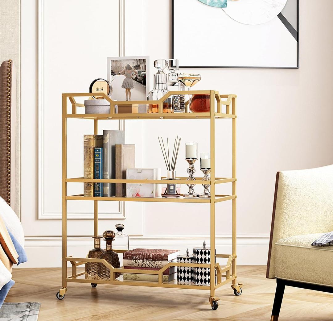 Square Gold Bar Carts with 3 Tier Storage Glass Shelves Holder Home Serving Bar Carts on Wheels for Kitchen, Bar, Dinning Room, 14 x 28 x 35 inches
