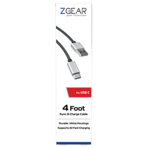 Z GEAR 4 Foot Sync & Charge Cable. For USB C
