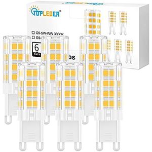 TopLeder G9 LED Bulbs, 3000K Warm White 5W 450LM LED Light Bulbs, No Flicker Non-Dimmable, 40W Halogen Bulb Equivalent, 120V Bi Pin G9 Base Bulbs for Home Lighting, 6-Pack