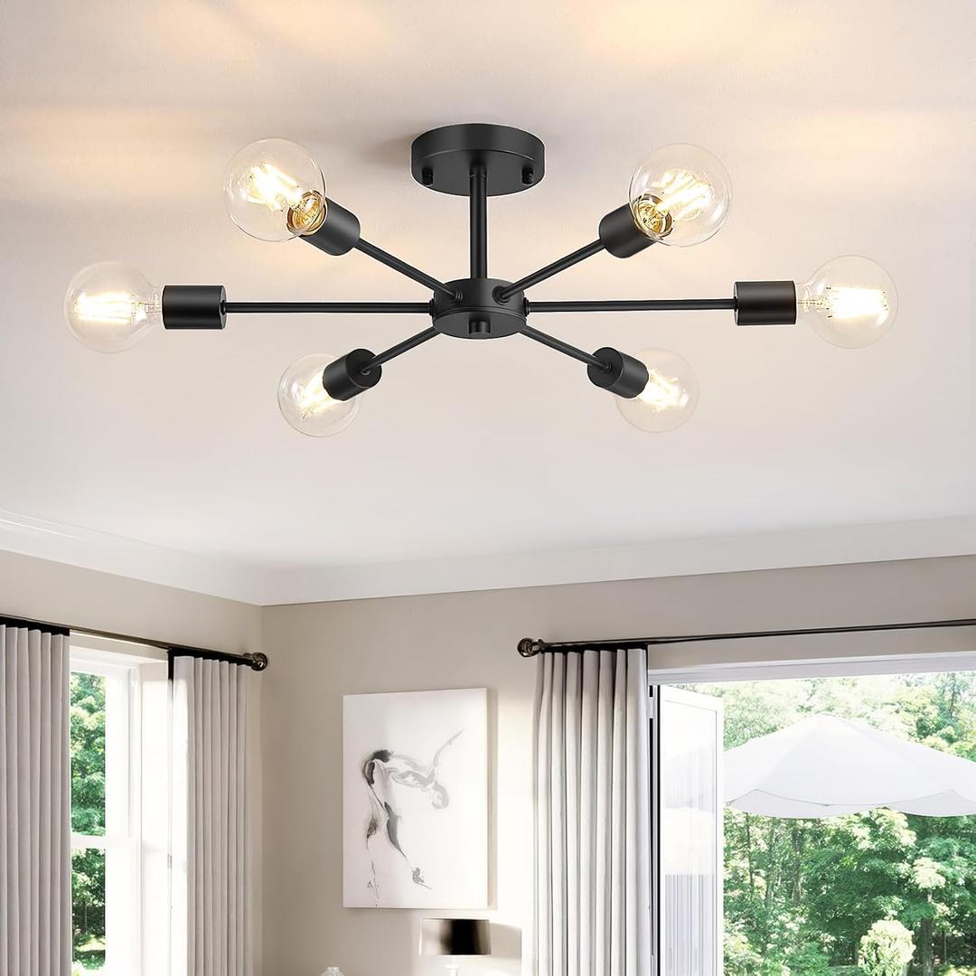 6-Lights Semi Flush Mount Ceiling Light, Matte Black Close to Ceiling Lighting with E26 Base, Modern Sputnik Light Fixtures for Kitchen Dining Room Bedroom Living Room (6-Light)