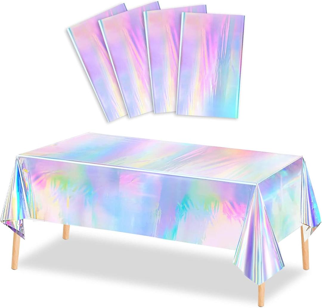 MADLYN RHUE 4 Pack Iridescence Plastic Tablecloths Shiny Disposable Laser Table Covers 54" x 108" Sequin Holographic Foil Tablecloths for Birthday, Wedding, Party, Picnic, Buffet, Holiday Decorations