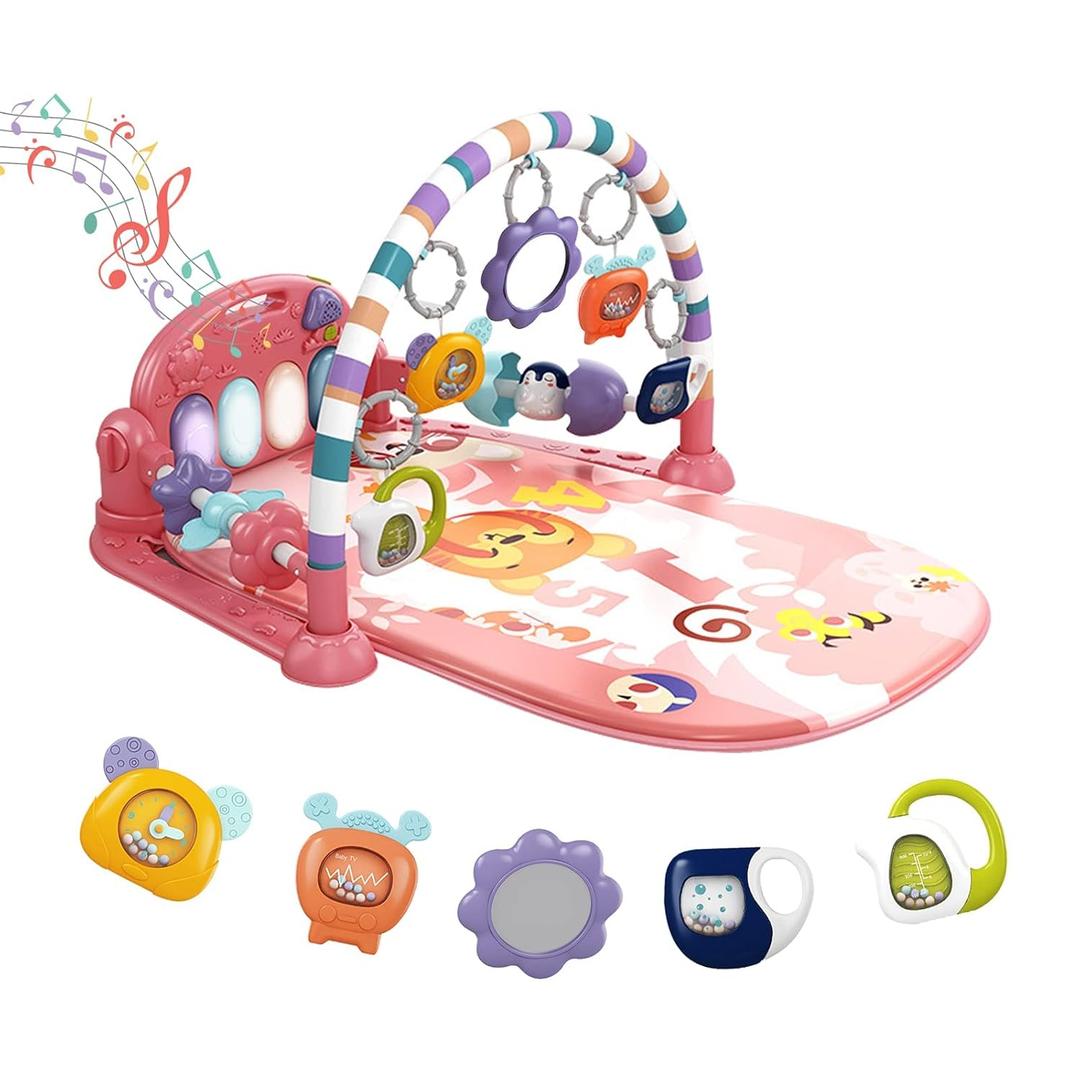 dearlomum Baby Play Mat Gym, Funny Play Piano Tummy Time Activity Mat with 5 Infant Sensory Toys, Music and Lights, Boy & Girl Gifts for Newborns 0 to 3 6 9 12 Months (Pink)