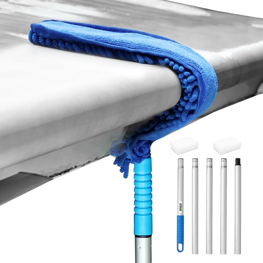8 x RV Awning Cleaner, Bendable Mop-Head, Hyper-Absorbent Pad, Extendable Pole, Non-Slip Handle, with 2 Magic Erasers for RVs, Campers, Trailers, Trucks