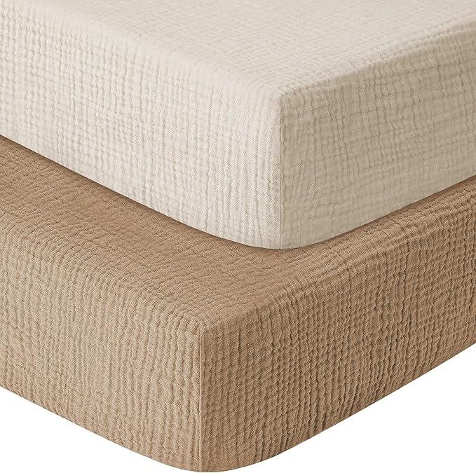 GUNTAIL Muslin Crib Sheets for Boys Girls 100% Cotton Fitted Baby Crib Sheet 2 Pack Soft and Breathable for Standard Crib Mattress & Toddler Mattress 52x28in (Beige & Coffee)